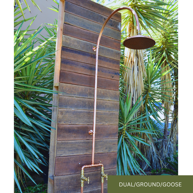 Load image into Gallery viewer, Dual tap copper and brass shower with gooseneck spout