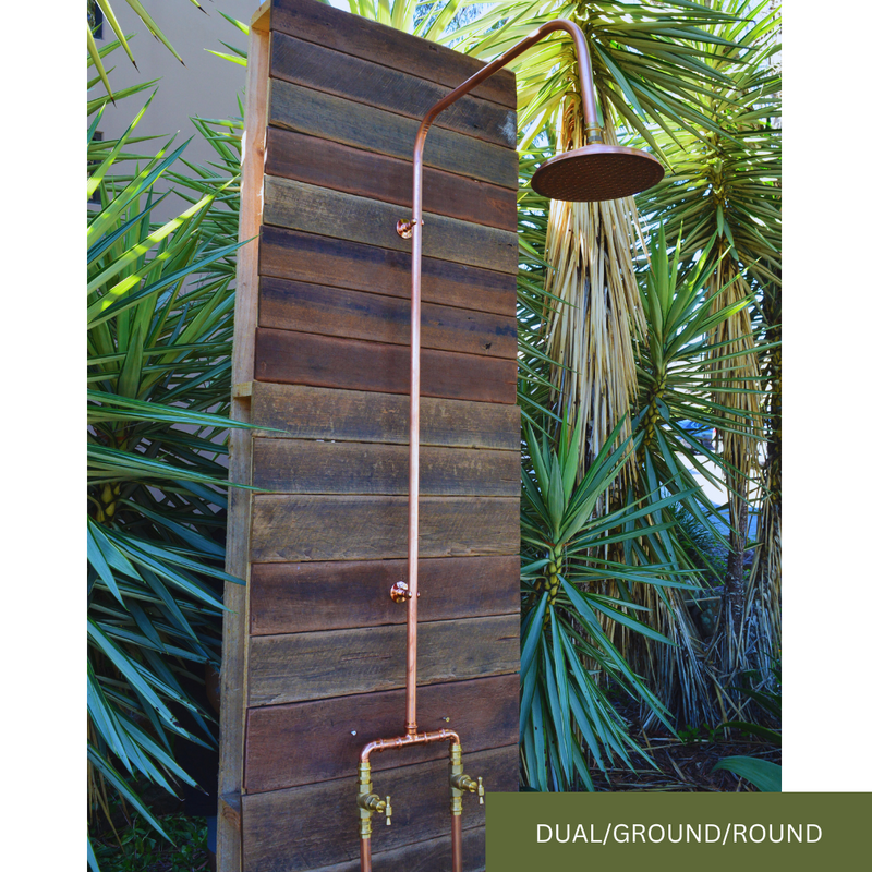 Load image into Gallery viewer, Dual tap hot and cold copper shower with ground feed on timber wall