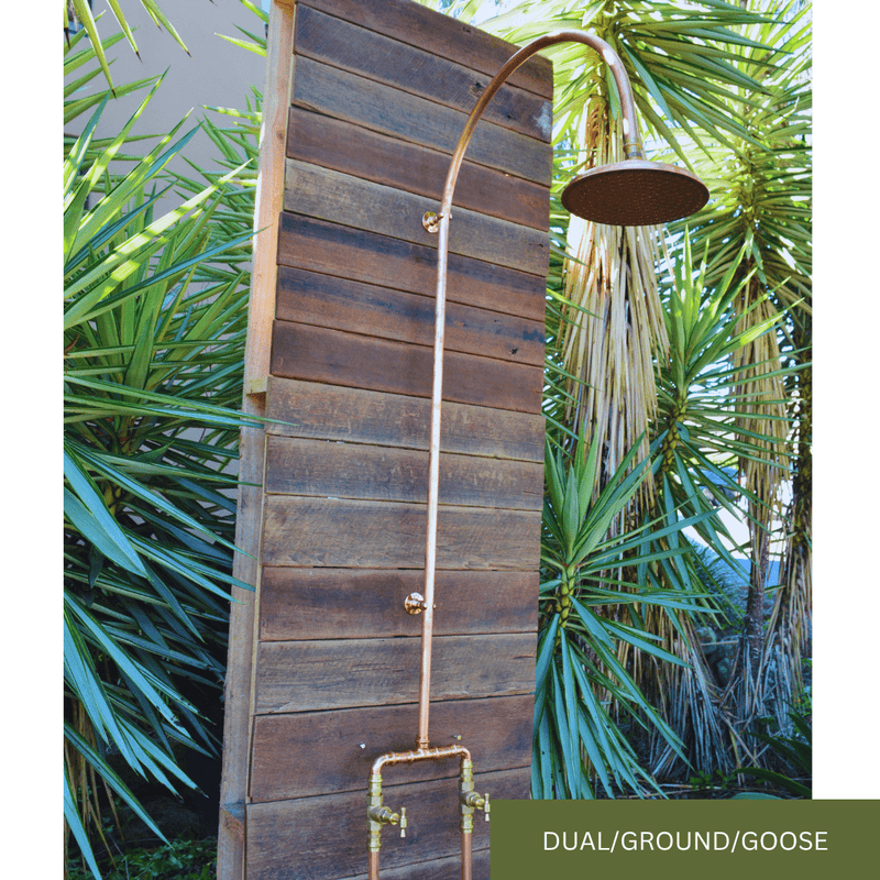 Load image into Gallery viewer, Dual tap copper and brass shower with gooseneck spout
