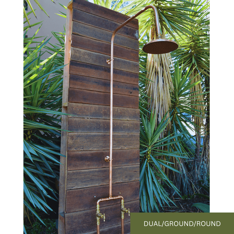 Load image into Gallery viewer, Dual tap hot and cold copper shower with ground feed on timber wall