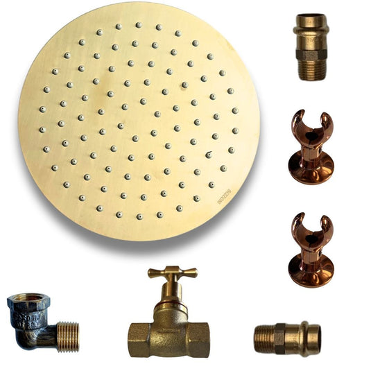 JUST ADD PIPE - 200mm Brass - Outdoor Copper Shower Kit