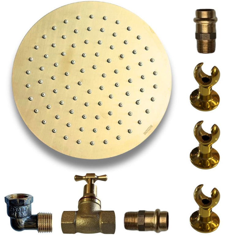 Load image into Gallery viewer, JUST ADD PIPE - 200mm Brass - Outdoor Copper Shower Kit
