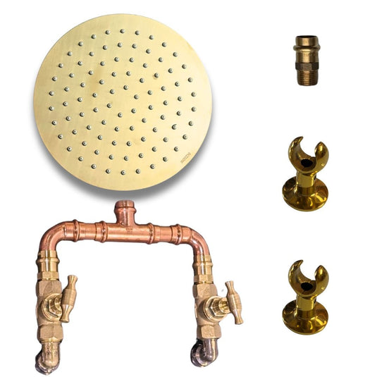 JUST ADD PIPE - 200mm Brass - Outdoor Copper Shower Kit