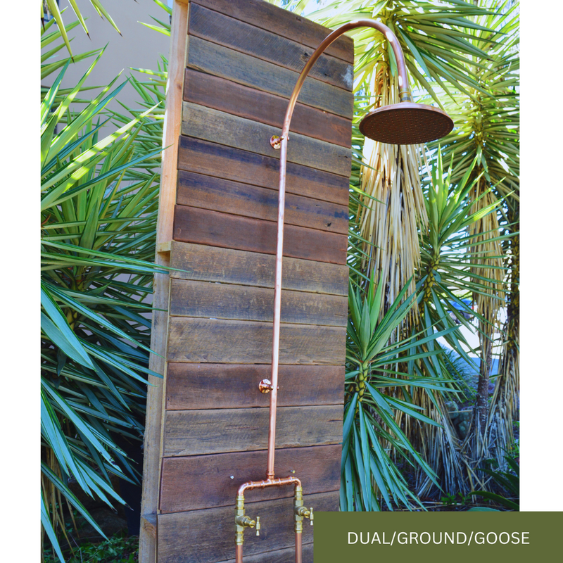 Load image into Gallery viewer, Dual tap copper and brass shower with gooseneck spout

