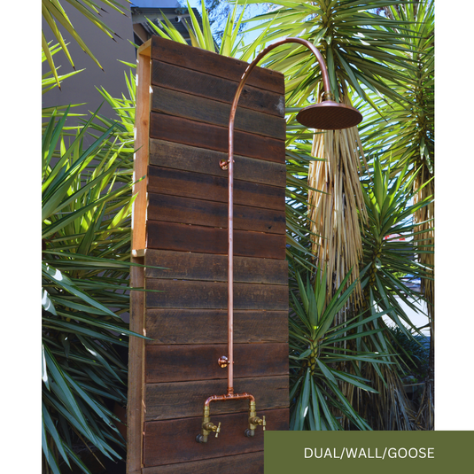 Gooseneck copper shower with two taps wall fed