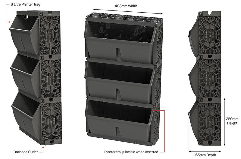 Load image into Gallery viewer, Gro Wall Slim Pro 3 pot stack measurements
