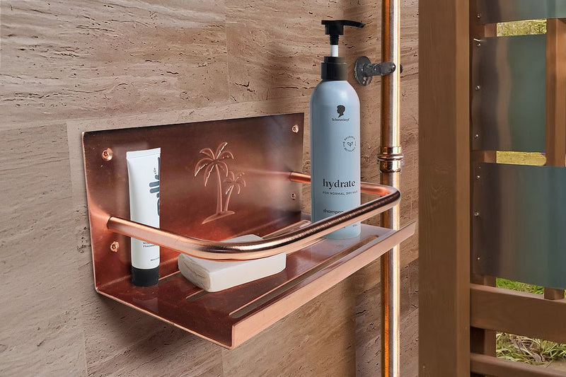 Load image into Gallery viewer, Outdoor Palm Shower Shelf Copper or Brass
