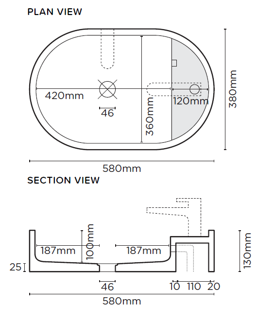 Load image into Gallery viewer, Shelf Oval Concrete Basin plan diagram measurements
