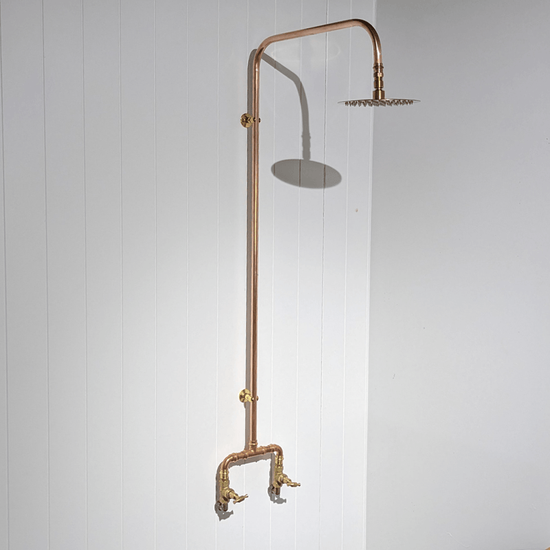 Load image into Gallery viewer, two tap rounded spot shower with brass clips and head
