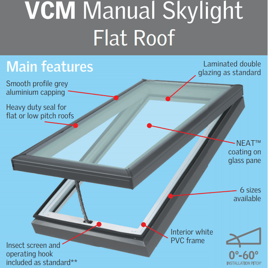 VELUX VCM Manual Opening Skylight (Flat Roof) - VEL-VCM 2222 - Eco Sustainable House